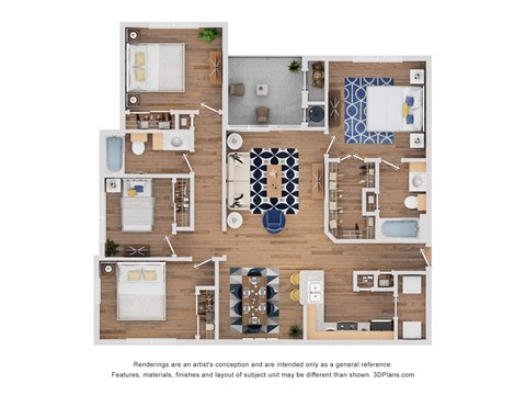 Floor plan for 4 beds, 2 baths, 1373 sqft